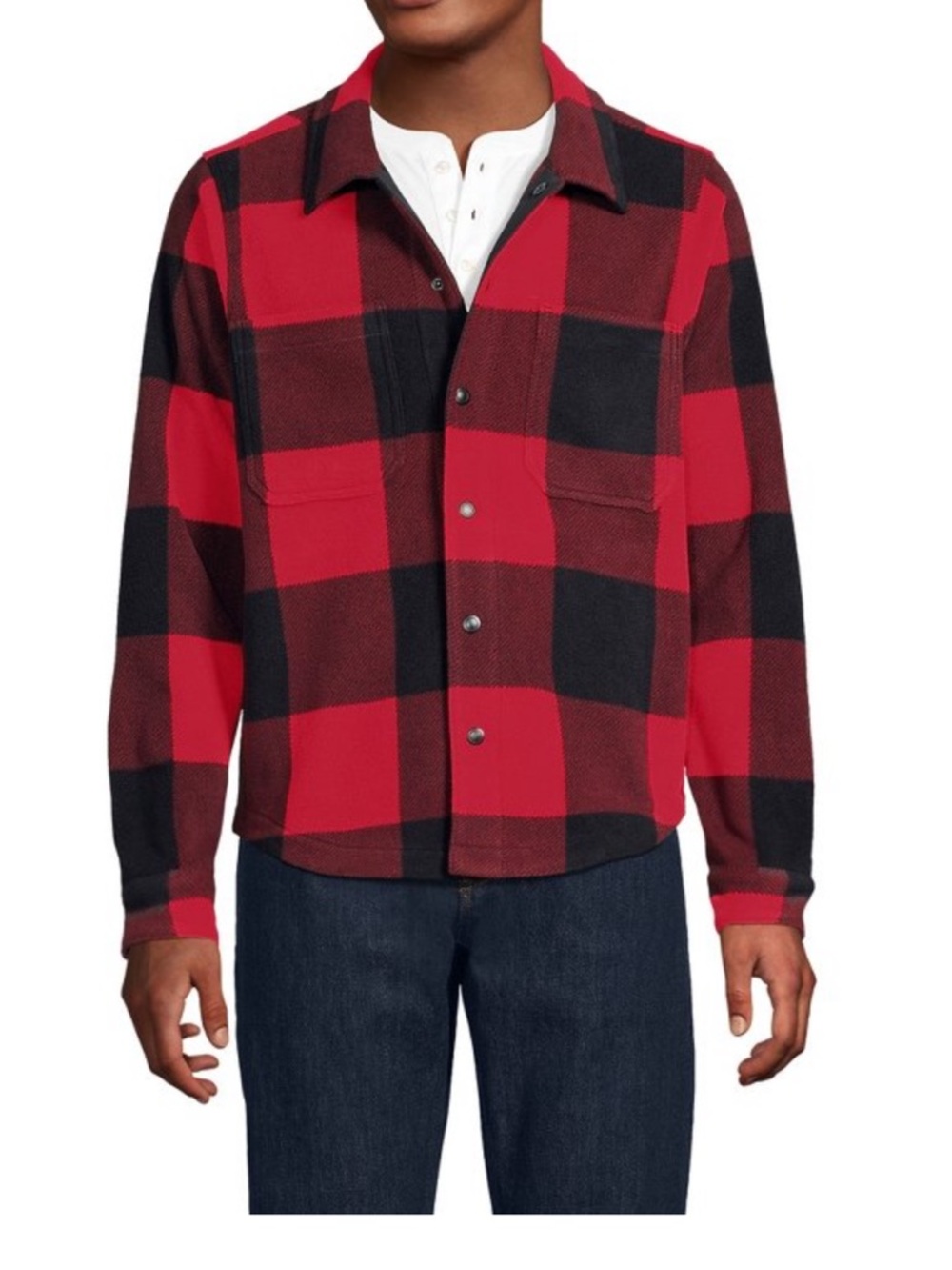 NWT- Lands' End Men's Anyweather Fleece Red and Black Plaid Shirt Jacket, L